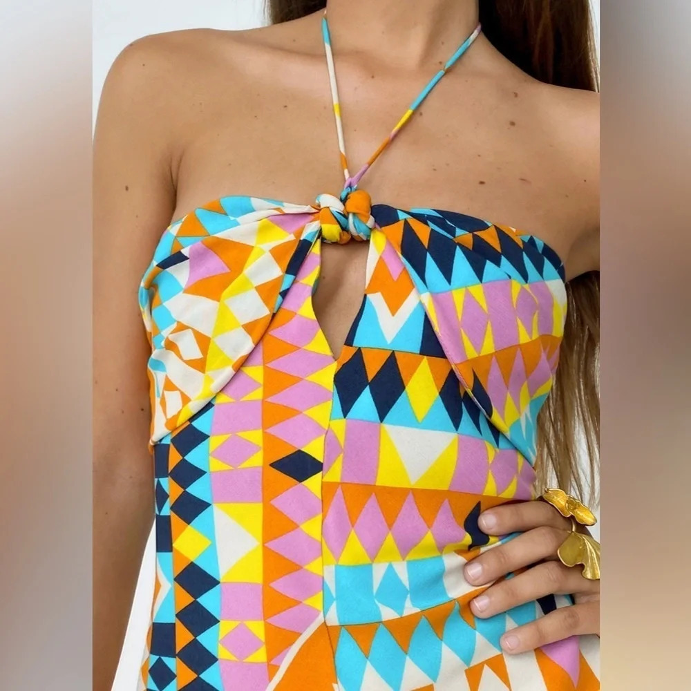 Zara Geometric Printed Strappy Halter Midi Dress NWOT Size Medium Blogger Fav - Picture 4 of 12